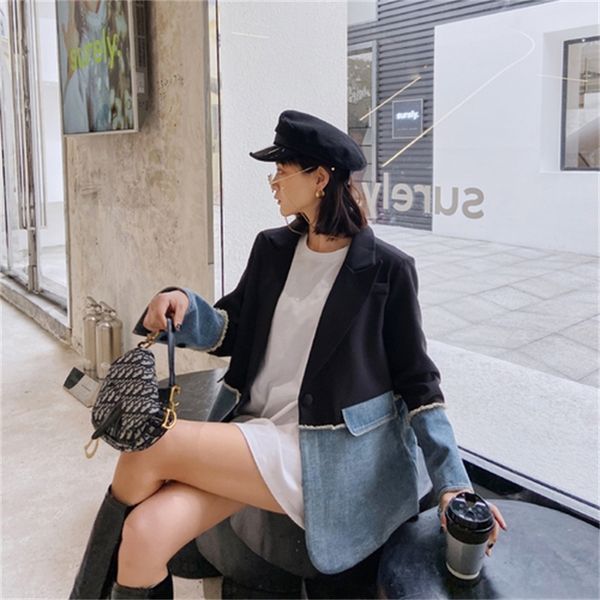 

2021 new small suit jacket female spring and autumn design sense niche new korean denim irregular stitching yp37, White;black