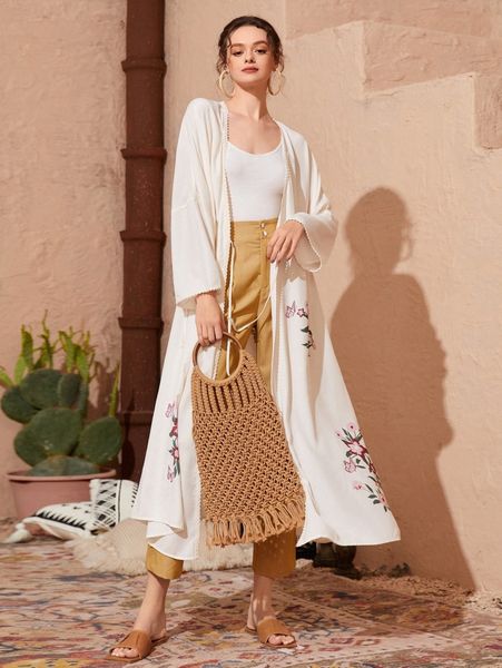 

floral print lace detail tie side kimono j70d#, White;black