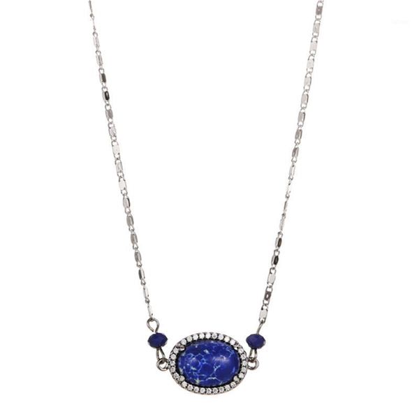 

blue semi-oval sea sediment jaspers stone pendant necklace pave zircon trendy necklace link chain silver necklaces for women1