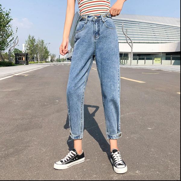 

large size girl loose fashion high waist button jeans autumn casual ladies beam harem pants jeans 5xl for women, Blue