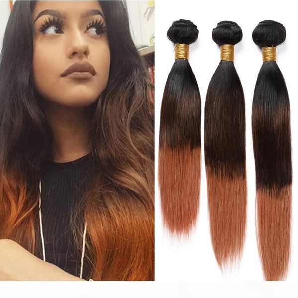 

#1b 4 30 ombre straight human hair weave bundles 3pcs black roots brown to medium auburn 3tone ombre brazilian hair weft extensions