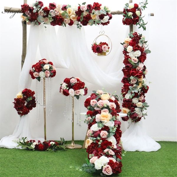 Ev yapımı Bordo Kırmızı Yapay Çiçek Topu Masa Centerpiece Düğün Dekor Parti Çiçek Satır Düzenlemesi Noel Garland Hediyelik 201130