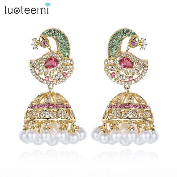 

antique indian ethnic jhumka jhumki earrings with white created pearl umbrella drop setting chandelier earring for bridal jewelry luoteemi, Golden;silver