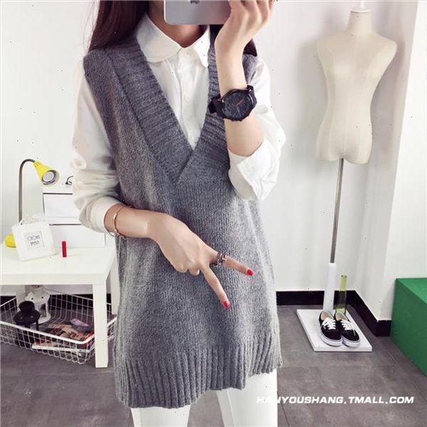 

sweater women new long pullover vest solid color v neck pockets knit pull femme sweaters winter clothes women vestidos hxy001, White;black