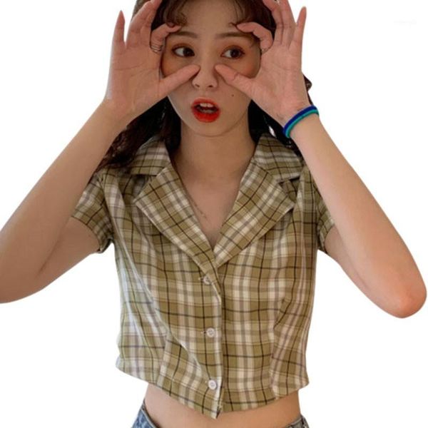 

fashion women's plaid short shirts ladies notched exposed navel casual short sleeve blouse 1, White