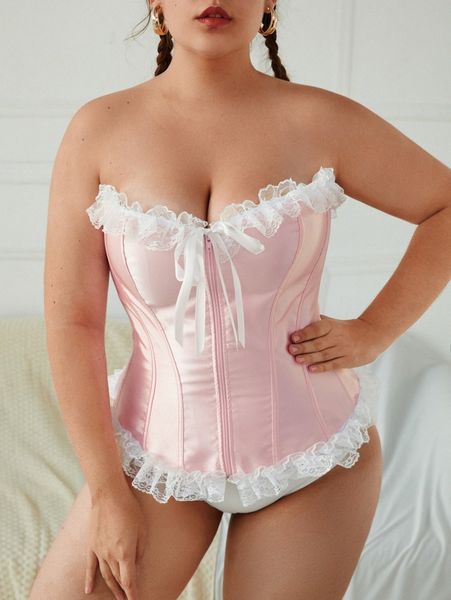 

plus contrast lace zipper front shapewear t9zn#, Black;white