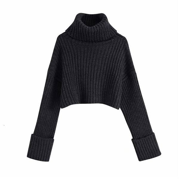

2021 new dark grey ribbed neck cropped knitted sweater women autumn vintage long sleeve casual high street ladies sweaters jade, White;black