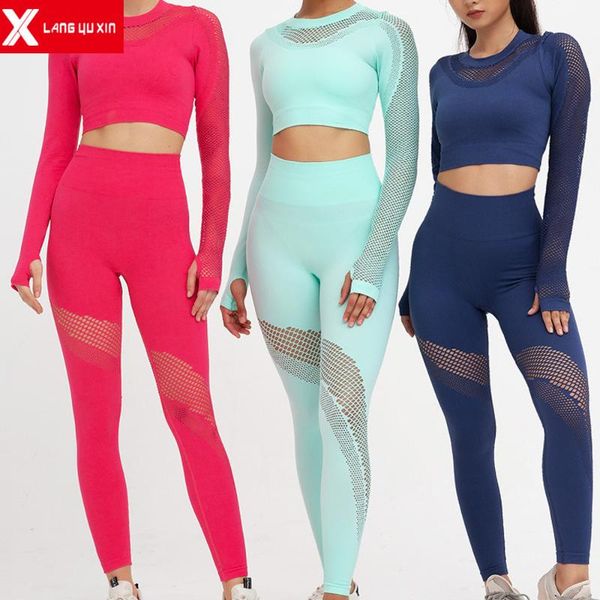 

yoga outfits seamless women's gym crop compression workout athletic long sleeve shirt & pants 2 pieces suits set, White;red