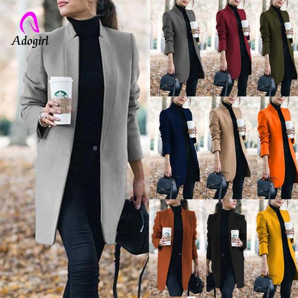 

women's wool & blends women trench coat woolens overcoats stand neck long sleeve pockets thin coats casual female office work jackets p, Black