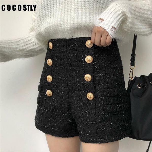 

fashion new autumn winter double-breasted gold button high waist tweed shorts women plus size1, White;black