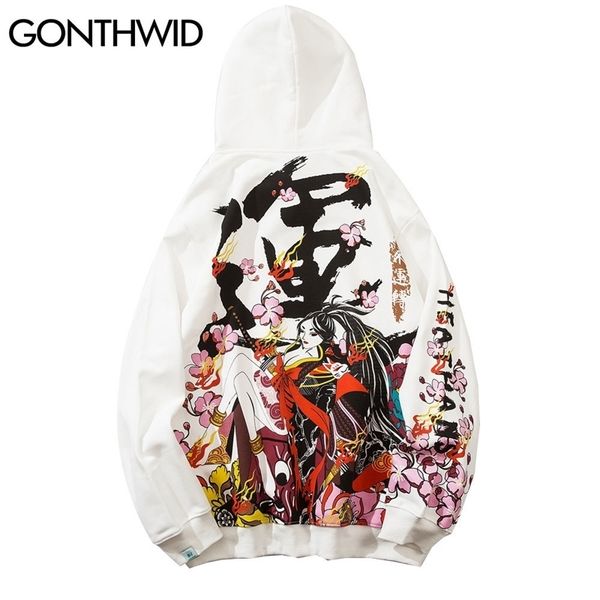 

gonthwid harajuku cherry blossoms samurai girl print hoodies sweatshirts streetwear hip hop men casual pullover hooded 201020, Black