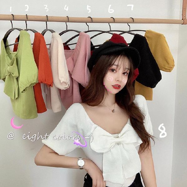 

yfashion t-shirt women's summer t shirt with short sleeved slim bow tie before after the bottom of the short jacket1, White