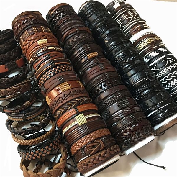 

zotatbele 50pcs/lot handmade men's women's mix styles braided leather cuff bracelets jewelry ( send random 50pcs bracelets) mx3 y2, Golden;silver