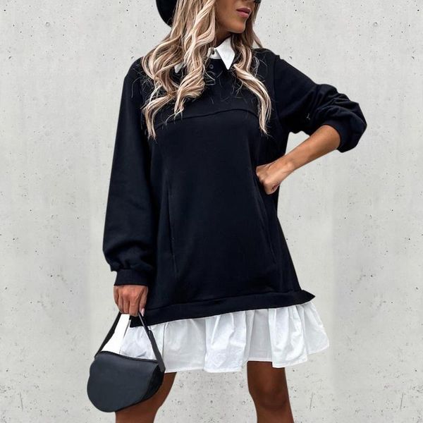 

elegant women patchwork solid color mini dress autumn vintage turn-down collar button dresses ladies long sleeve casual vestidos, Black;gray