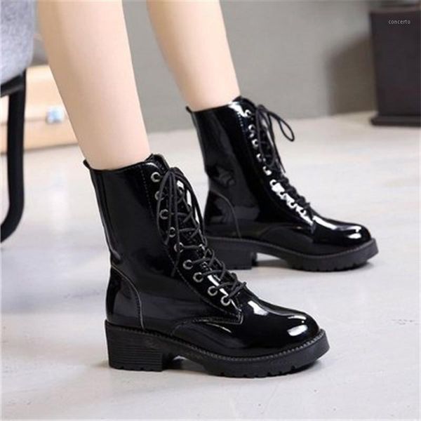

spring women fashion round toe flat high shoes woman platform pu leather boots lace up women sneakers ankle boots black 35-1