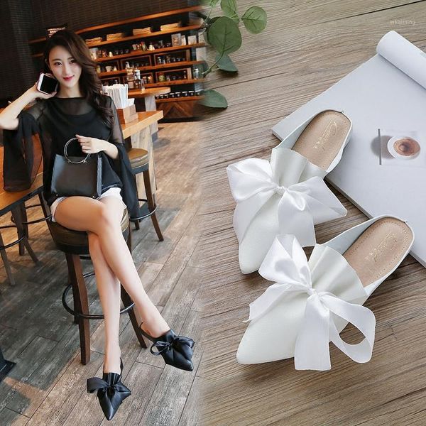 

slippers pigskin leather shoes woman riband silk mules bowtie loafers cover toe sandals cozy slides genuine women slides1, Black