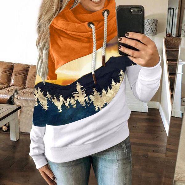 

patchwork hoodies sweatshirt women mountain gradient print long sleeve harajuku hoodie autumn winter pocket hooded sweatshirts, Black