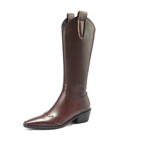 

genuine leather platform motorcycle booties woman thick high heels knee high boots for women working casual tight boots, Black