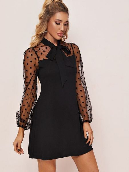 

tie neck polka-dot flocked mesh sleeve dress she, Black;gray