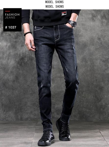 

men's jeans fashion men slim fit stretch business classic style pants trousers male, Blue