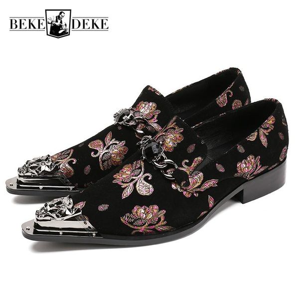 

fashion mens floral printed crystal dress shoes male metal pointed toe genuine leather office party shoes banquet black footwear