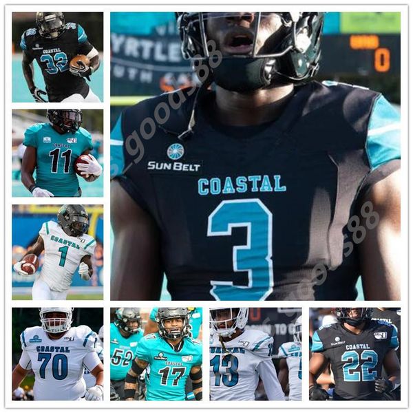 

custom 2020 2021 college coastal carolina jai williams football stitched jerseys jacqez hairston henderson hazel jarrett guest men jerseys, Black