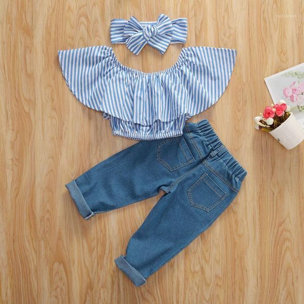 

baby & children's 3-7years kid baby girls striped clothes set off shoulder striped + denim set1, White
