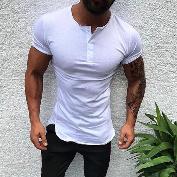 

fashion summer men's t-shirt casual short-sleeved o neck t shirts solid color pullover button slim soft shirt male clothing, White;black