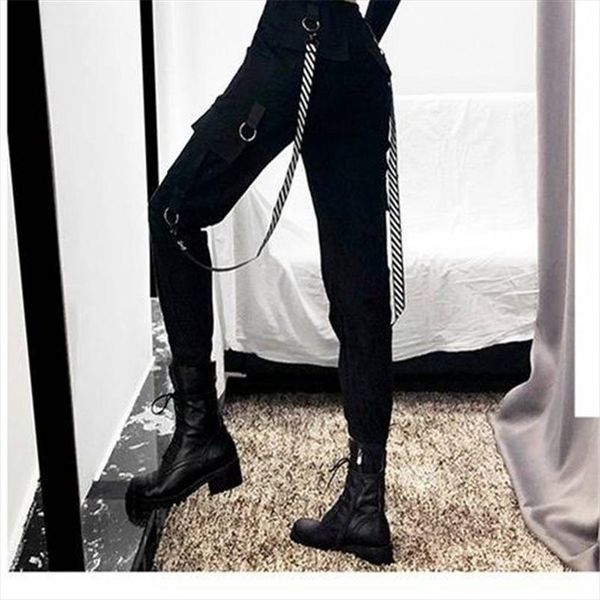 

black cargo pants women casual joggers high waist loose female hip hop trousers korean punk pants funny capri streetwear femme, Black;white