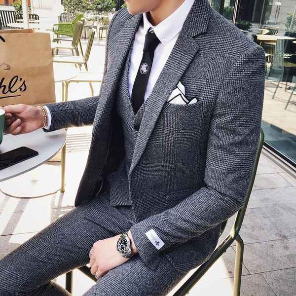 

2020 mens business suits formal tuxedo social suits mens casacas hombre azul terno preto slim fit gray retro plaid, White;black