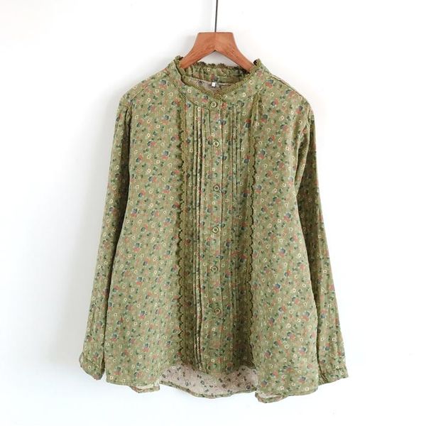 

women's blouses & shirts 2021 spring autumn lace stand collar blouse vintage floral print loose cotton yarn long sleeve shirt women, White
