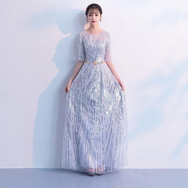 

silver evening dress long style 2019 new stylish illusion o-neck half sleeve prom dress a line floor length shinning sequins1, White;black