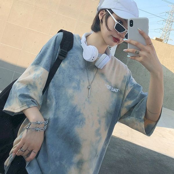 

2020 fashion women's casual round neck tie dye print short sleeve loose pullover simple t-shirt, White