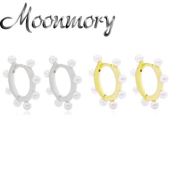

moonmory 925 sterling silver new white round pearl hoop huggies earring for women luxury vintage circle wedding earring jewelry, Golden;silver