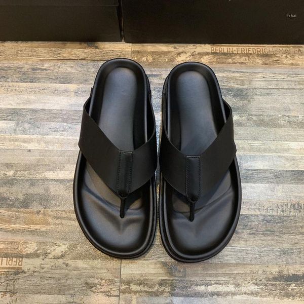

slippers summer beach 3d printing decor men flip flops genuine leather solid color comfortable male slipper1, Black