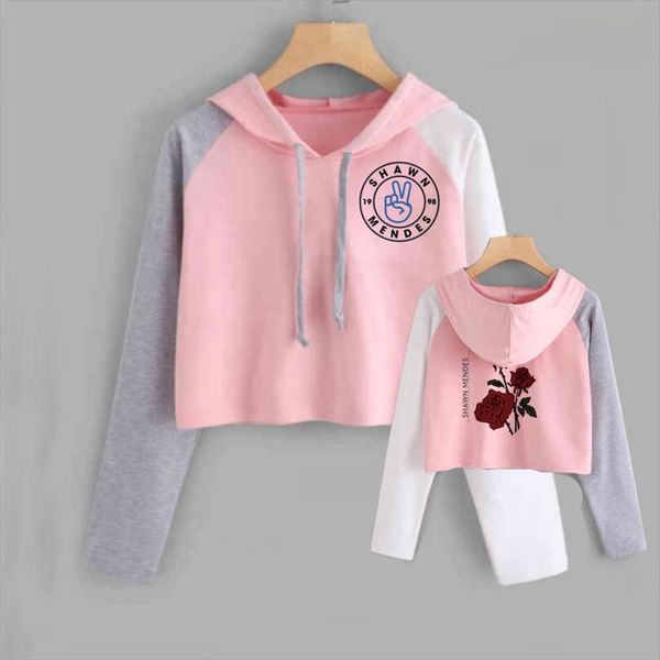 

шон мендес обрезанные hoodie женщин с длинным рукавом короткий толстовка с капюшоном ladies hip hop пуловер tops женский, Black