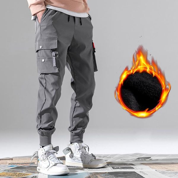 

men's pants winter men plus velvet cargo multi-pocket harem joggers streetwear warm thick casual male sports trousers, Black