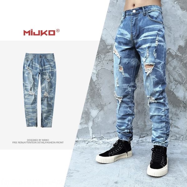

cvmmd mijko men's clothing women's autumn and leg new high street zipper texture worn trousers hole wash and jeanszipper jeans pan, Blue