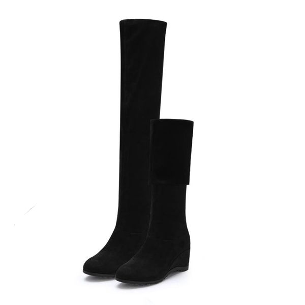 

black elastic flock slim fit over the knee boots women autumn winter ladies high heel wedges long thigh high botas y200114