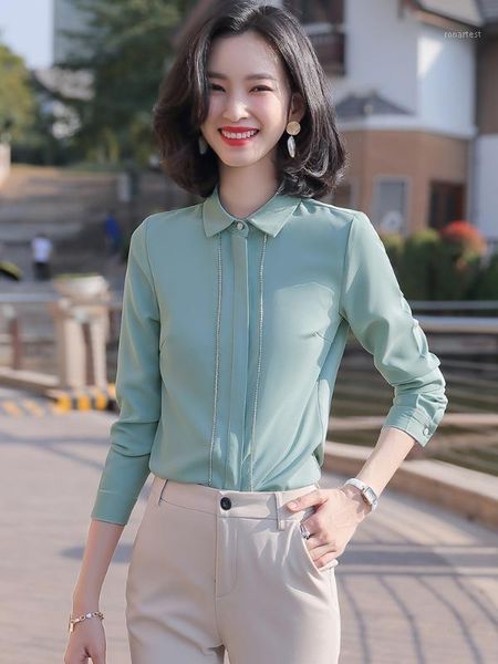 

green white black full sleeve blouse shirt for office lady turn-down collar long sleeve women work wear formal size s-4xl1