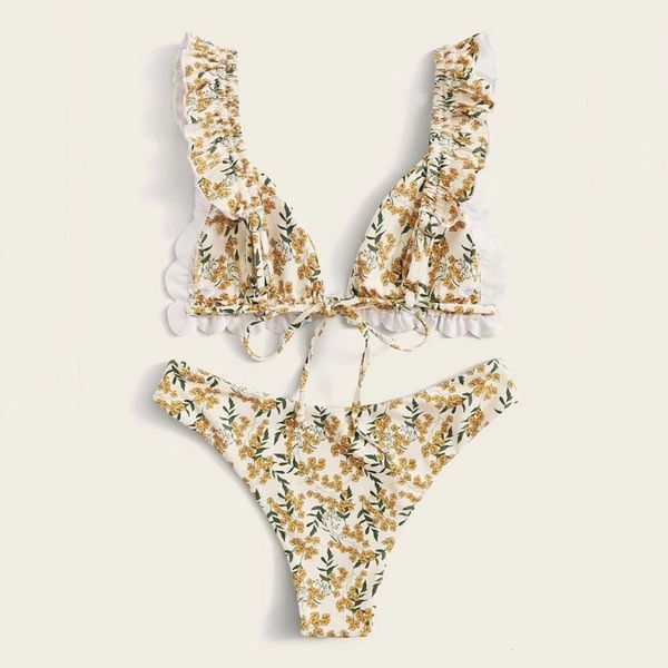 

sagace women's swimsuit summer floral print ruffle high cut bikini set two piece swimming new swimwear women 2021, White;black
