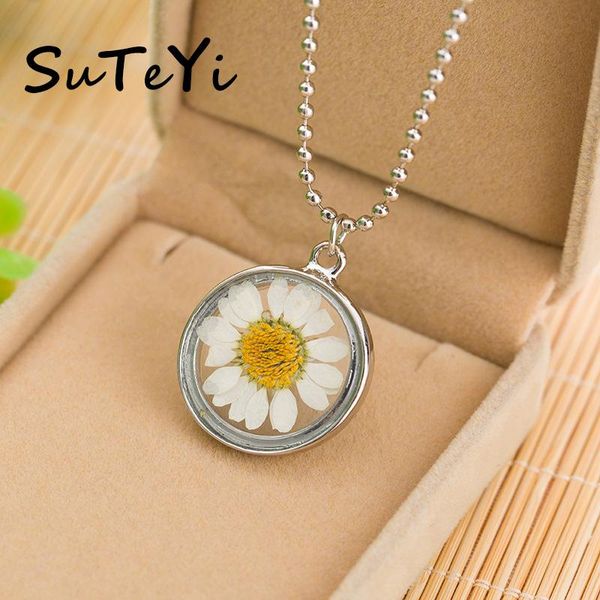 

pendant necklaces fashion daisy dried flowers necklace round glass bead chain for women jewelry gifts, Silver