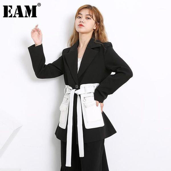 

eam] women black contrast color pocket blazer new lapel long sleeve loose fit jacket fashion tide spring autumn 2021 1s394011, White;black