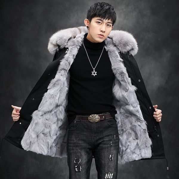 

5xl winter parka men windbreaker real fox fur thick warm windproof fur coats male military hooded anorak jackets men's winter jackets h, Black