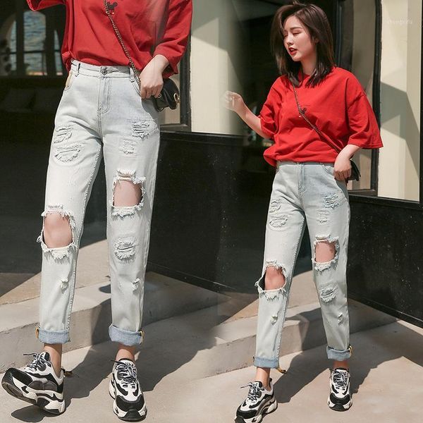 

women loose trousers clothes b begging hole long jeans women loose plus size cotton ripped jeans1, Blue