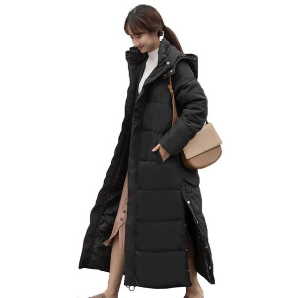 

2021 new lengthen winter down cotton jacket women warm super long cotton-padded coat plus size hooded thicken outerwear kw73, Black