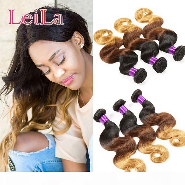 

malaysian 3pcs lot ombre human hair bundles ombre hair extensions body wave hair weave 8-26inch three tone 1b 4 27, Black;brown