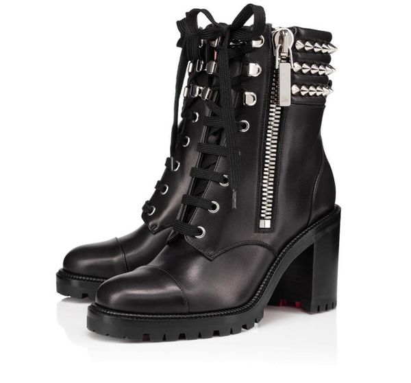 

newst luxury famous winter spikes red bottom ankle boots women's motorcycle booties lug sole booty elegant leather booties lady high he, Black