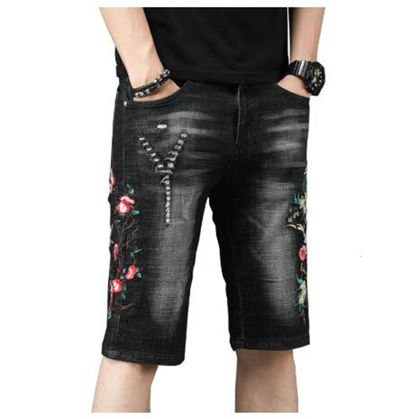 

2021 new men's male fashion casual summer crane flower embroidered black shorts knee length stretch denim jeans xw0v, Blue