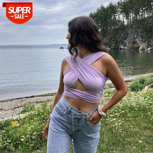 

cross bandage slim solid remake tank women hollow out backless skinny pleated multifunction crop streetwear #bi3v, White